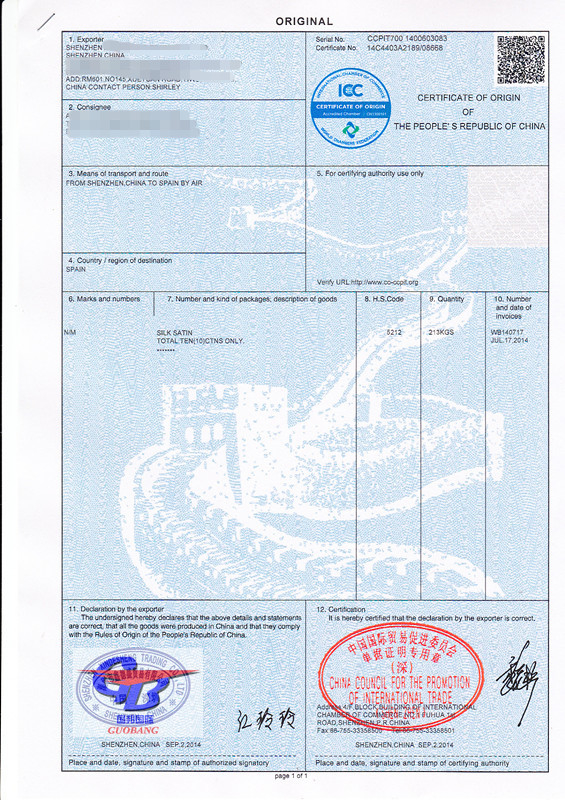 Formulaire A, Formulaire E, Formulaire F, Document de Certificat d'Origine TNT